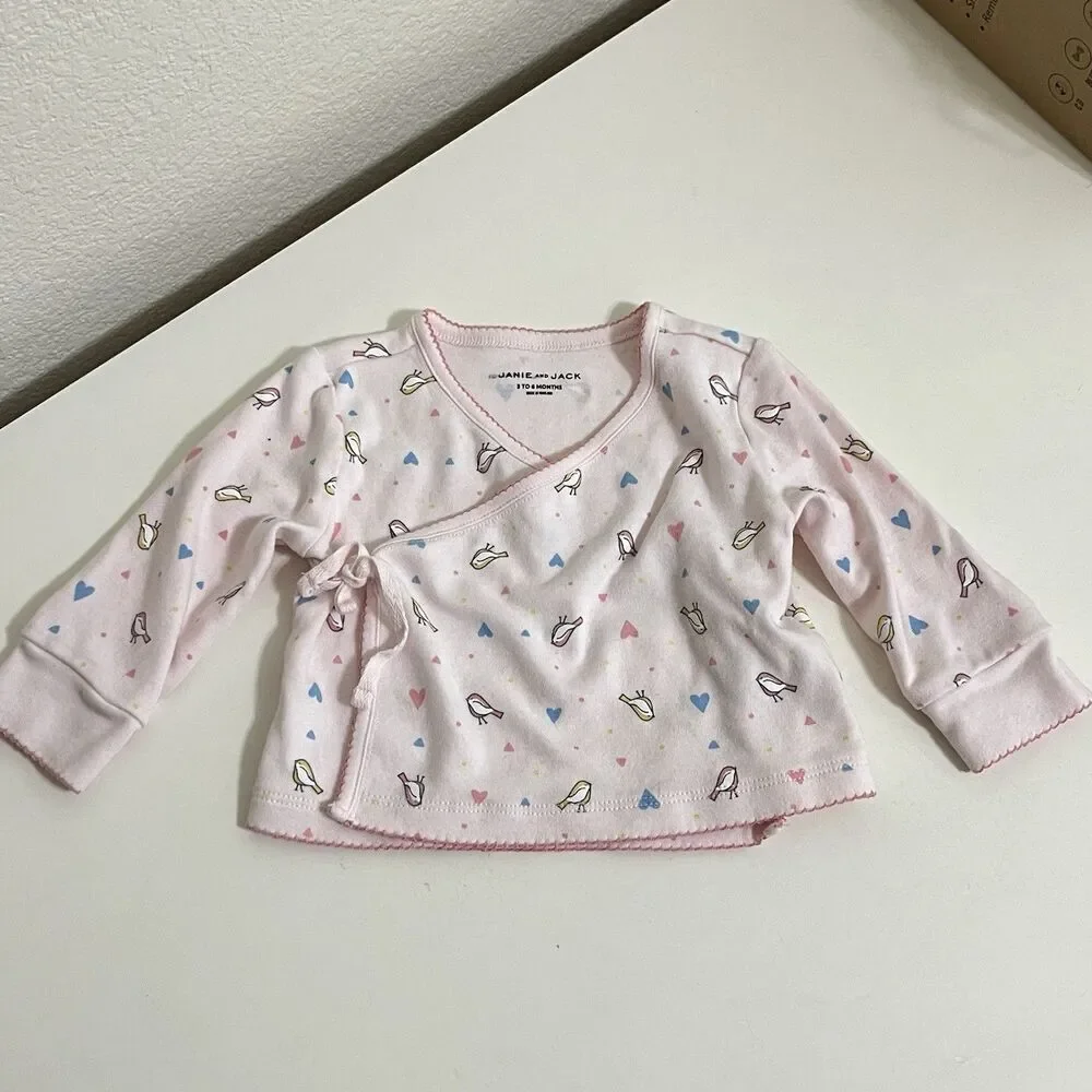 Janie and Jack Pink Bird Heart Kimono Top Footed Pants Set Baby Girl 3-6 Months